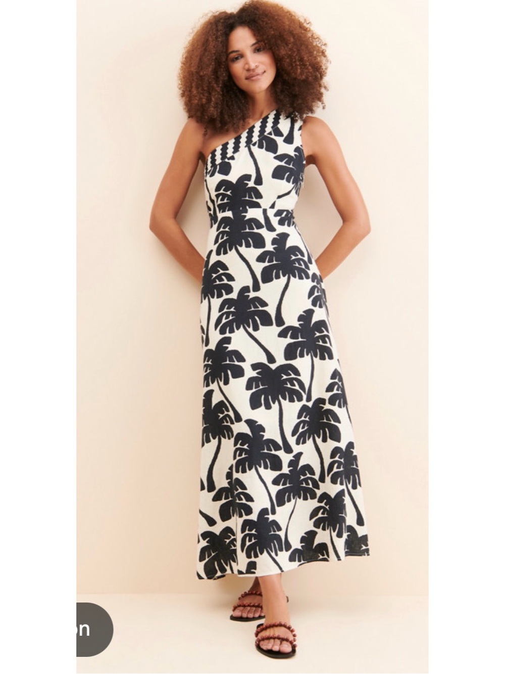 One-Shoulder Black & White Palm-Print Maxi Dress